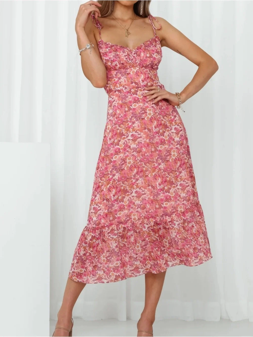 Petal & Pup Floral Pink Tie-Strap Midi Dress Small